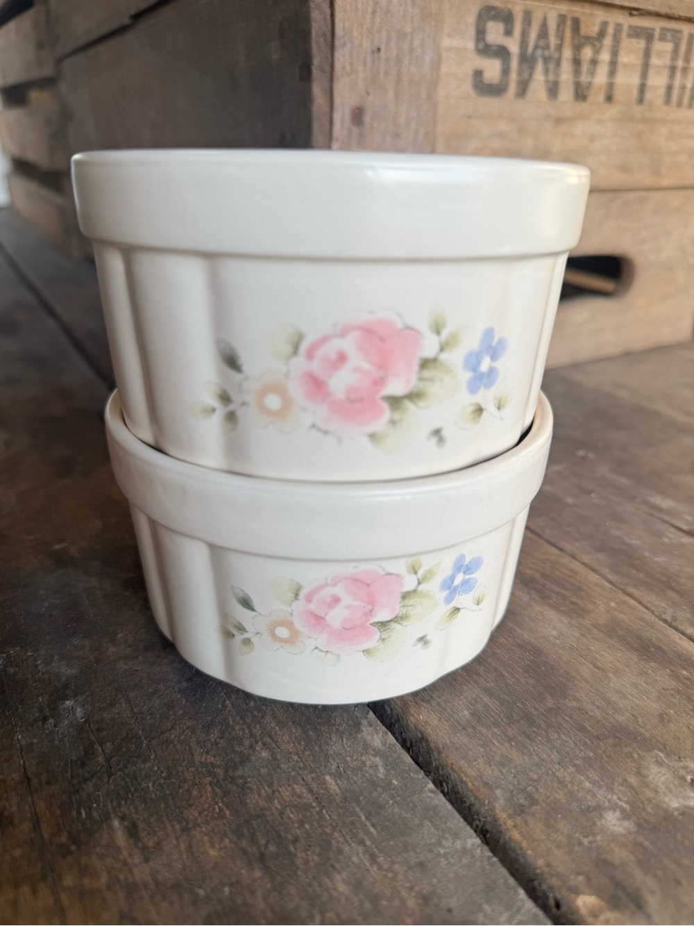 Pfaltzgraff Tea Rose Ramekin Bowls Set of 2 Vintage Floral Stoneware